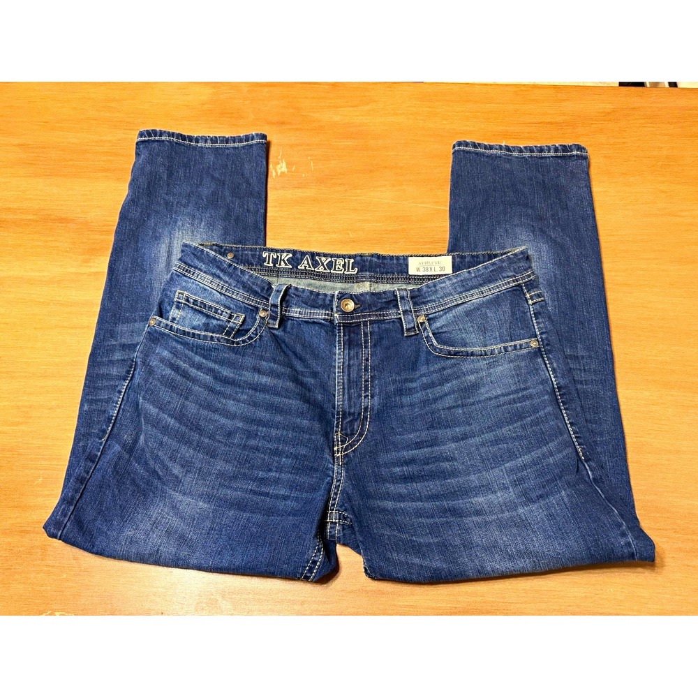 TK Axel Athletic Jeans Mens 38x30 Straight Leg Stretch Blue Denim Medium Wash